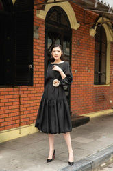 Silk Midi Dress with Puff Sleeves, Fitted Waist, and Handcrafted Floral Waist Detail